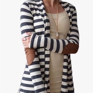 Honey Punch Gray and White Striped Cardigan with Brown Elbow Patches